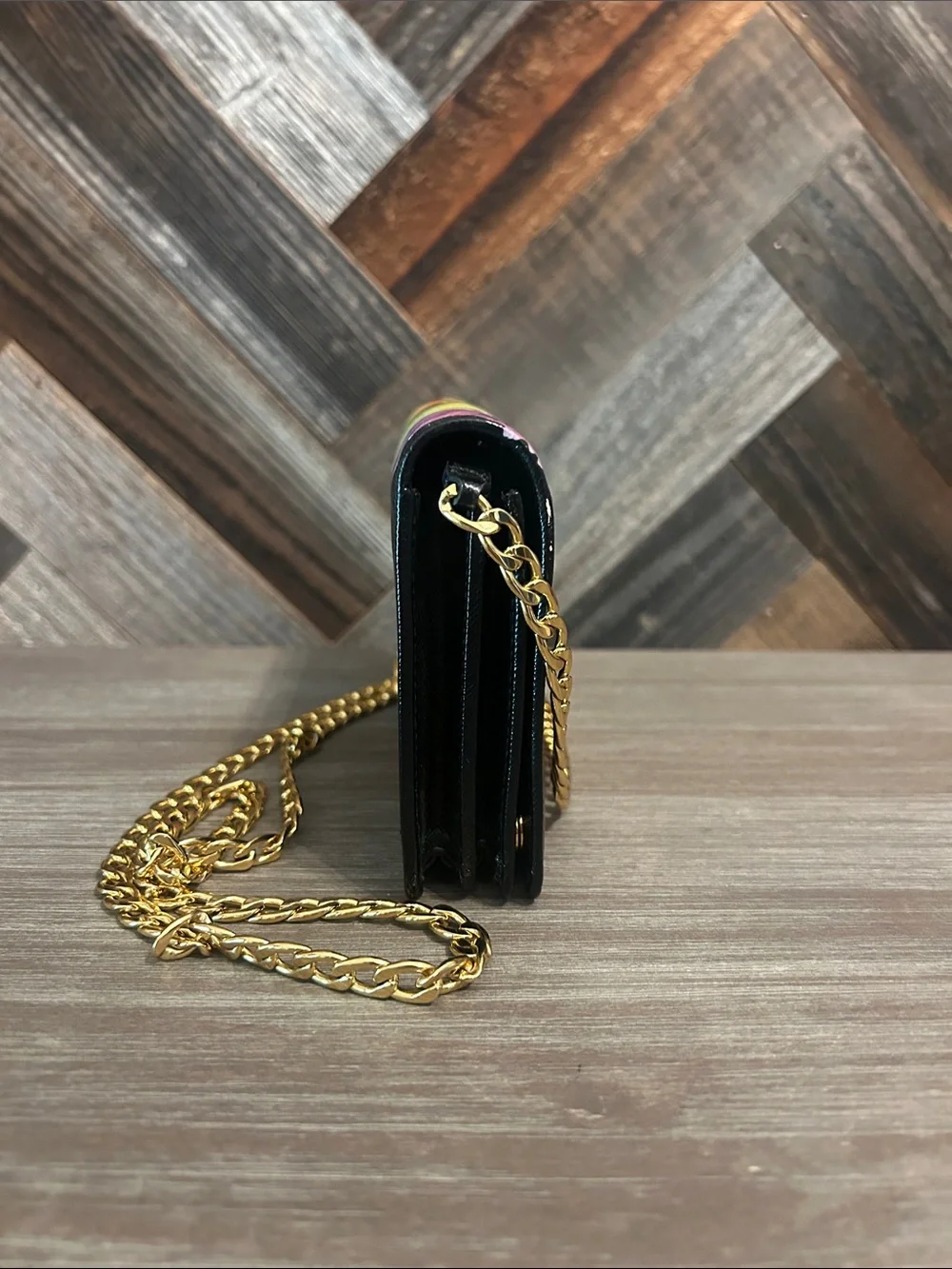 Prada Black Saffiano Printed Faces Leather Chain Clutch